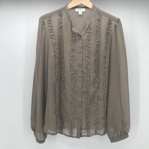 LOFT Button Down Top Womens 16 Light Brown Semi Sheer Tuxedo Ruffle Long Sleeve